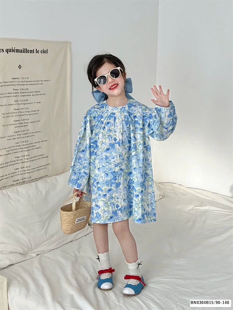 VÁY HOA XANH DÀI TAY