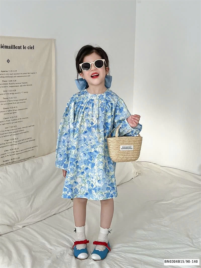 VÁY HOA XANH DÀI TAY