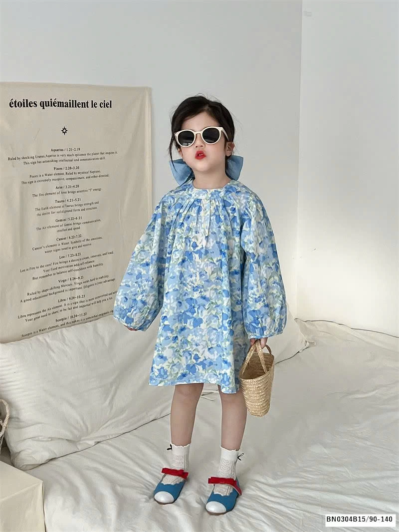 VÁY HOA XANH DÀI TAY