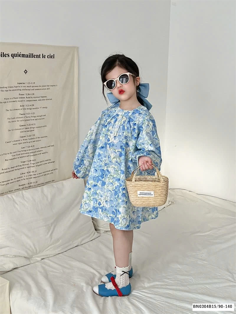 VÁY HOA XANH DÀI TAY