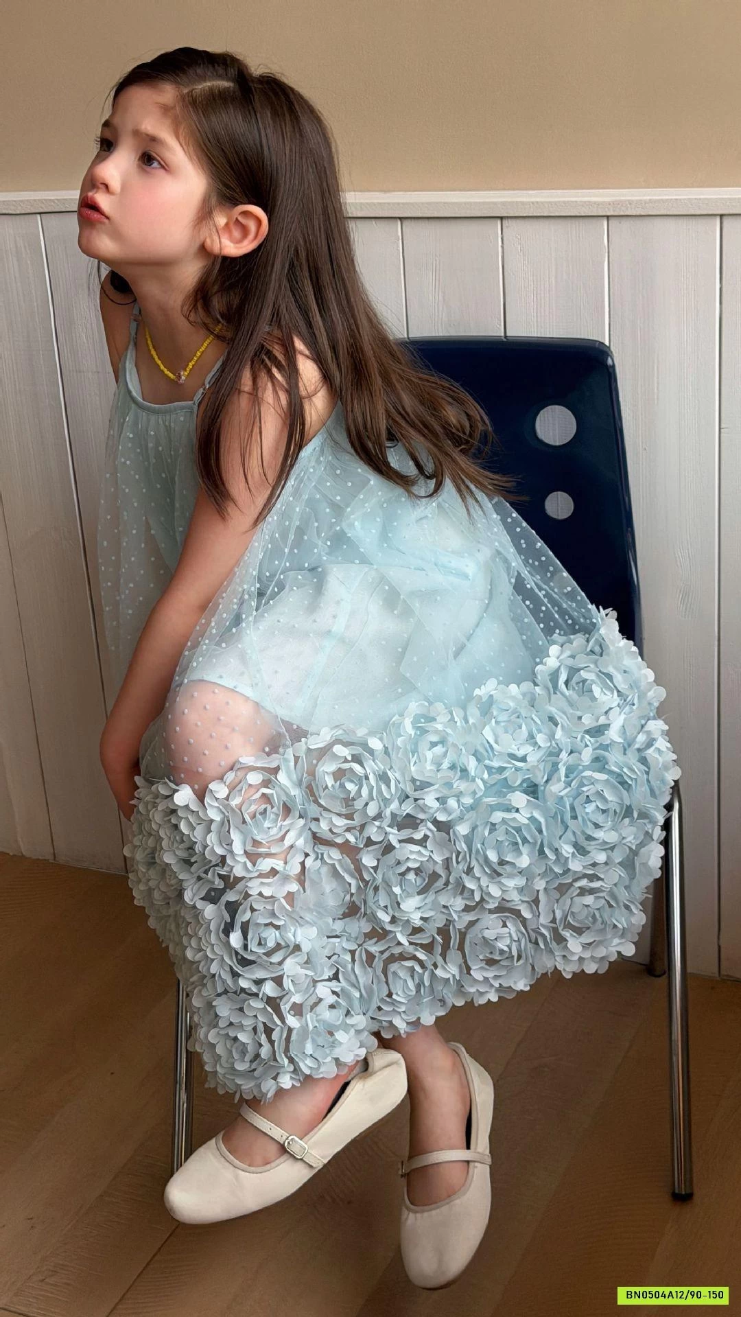 ĐẦM VOAN HOA XANH 2 DÂY 3D