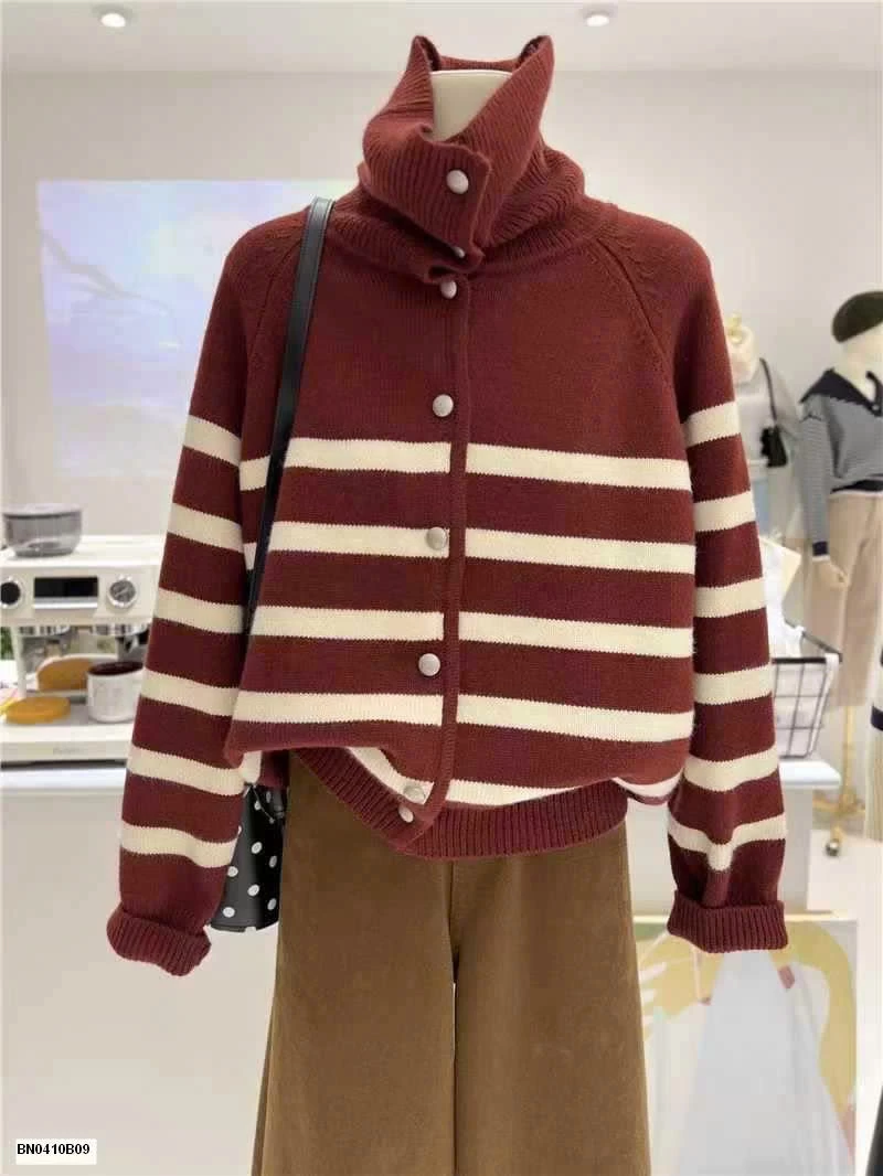 ÁO LEN KẺ NGANG KÉO KHÓA CAO CỔ