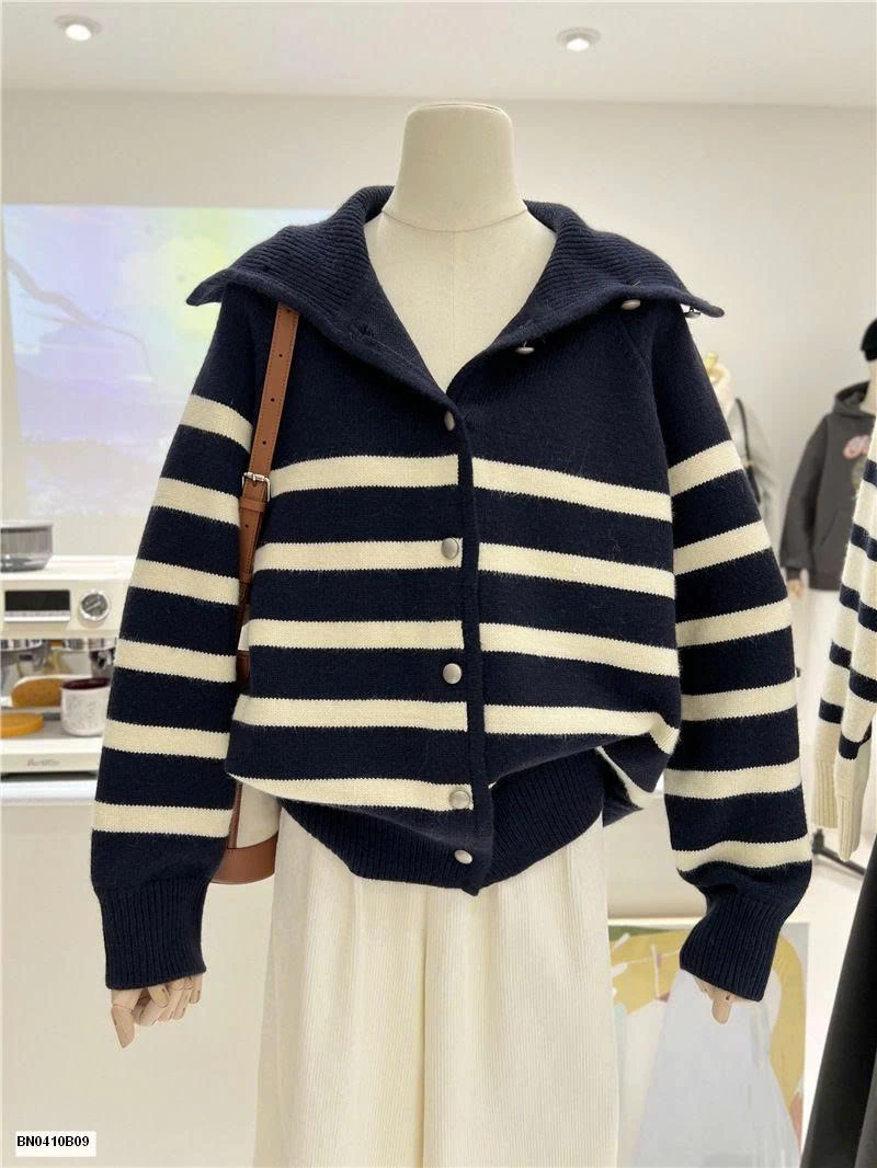 ÁO LEN KẺ NGANG KÉO KHÓA CAO CỔ