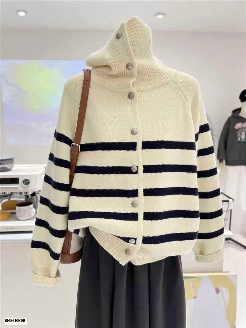 ÁO LEN KẺ NGANG KÉO KHÓA CAO CỔ