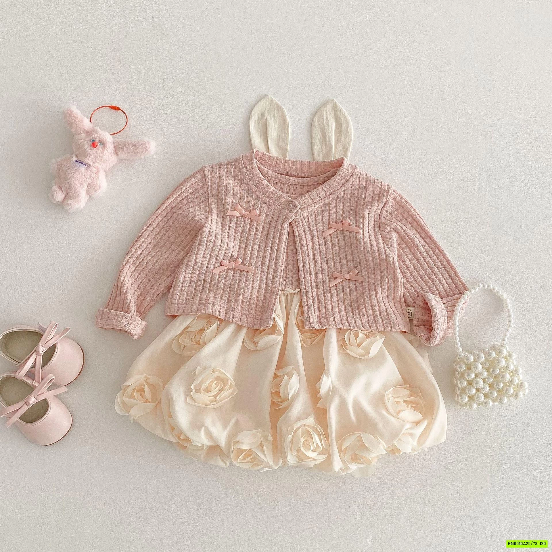 SÉT VÁY BÍ HỒNG GẮN HOA 3D