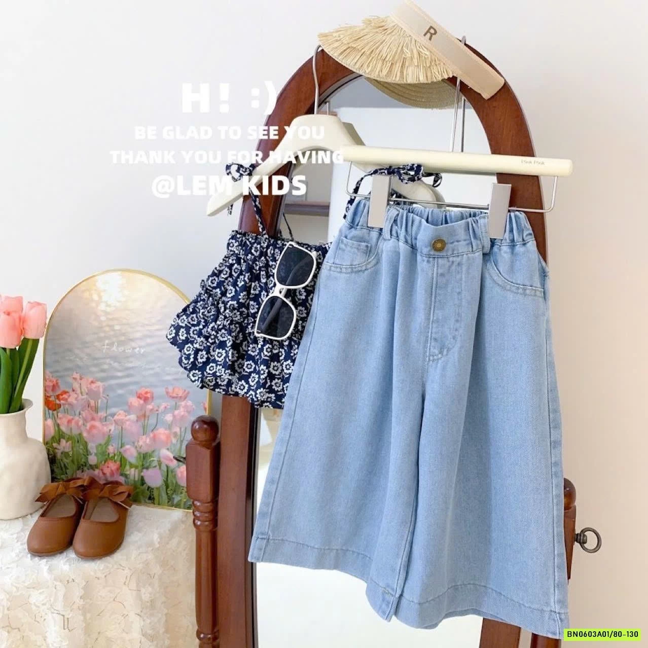 SÉT ÁO 2 DÂY HOA MIX JEANS ỐNG RỘNG