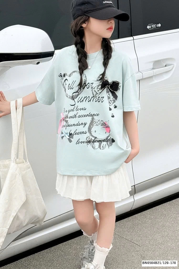 ÁO THUN CHỮ GẮN NƠ MIX CV TRẮNG