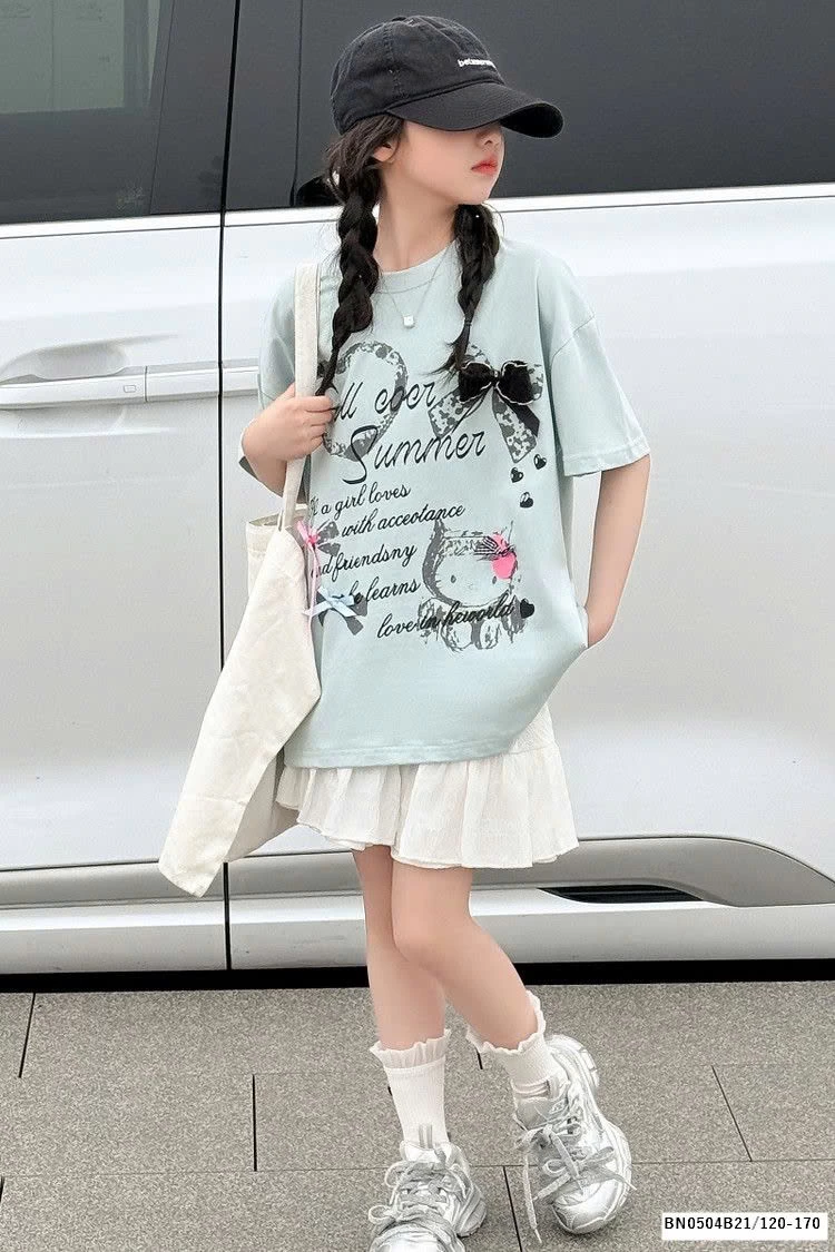 ÁO THUN CHỮ GẮN NƠ MIX CV TRẮNG