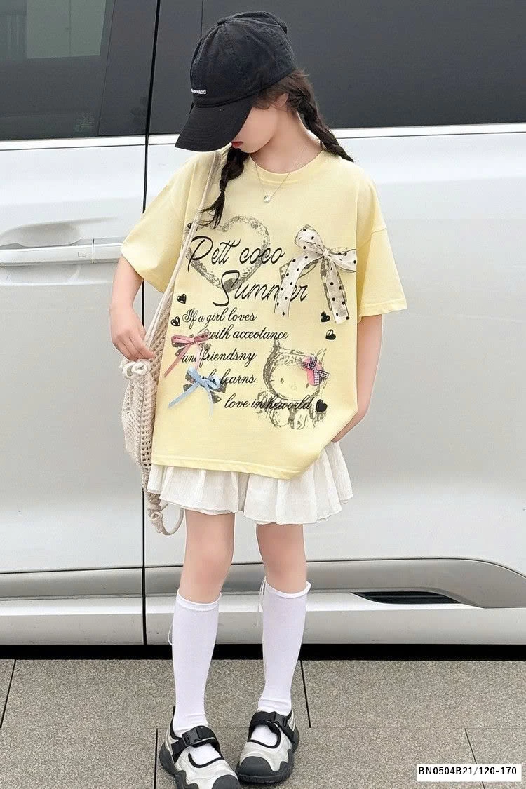 ÁO THUN CHỮ GẮN NƠ MIX CV TRẮNG