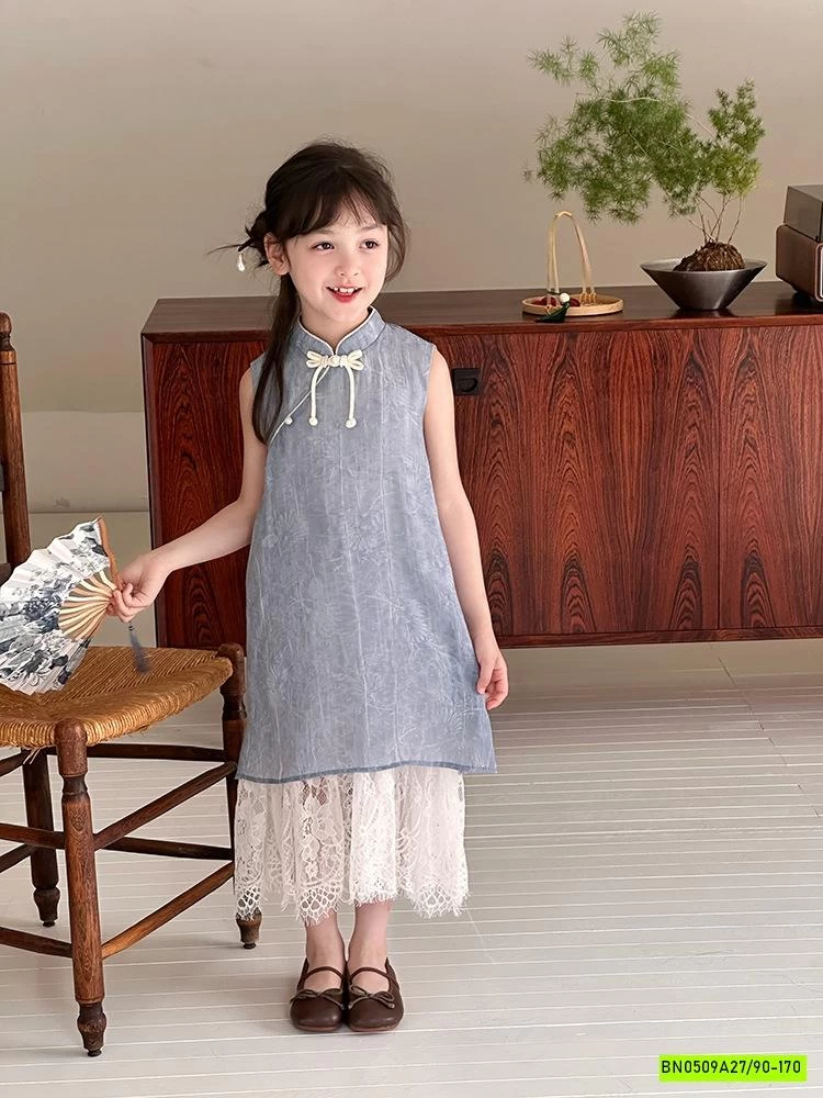 VÁY SƯỜN XÁM ĐŨI XANH PHỐI REN 25E018 AMBB