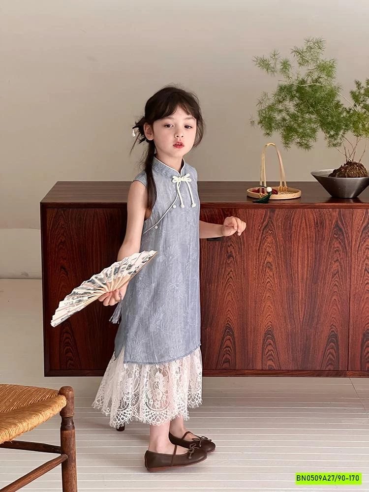 VÁY SƯỜN XÁM ĐŨI XANH PHỐI REN 25E018 AMBB