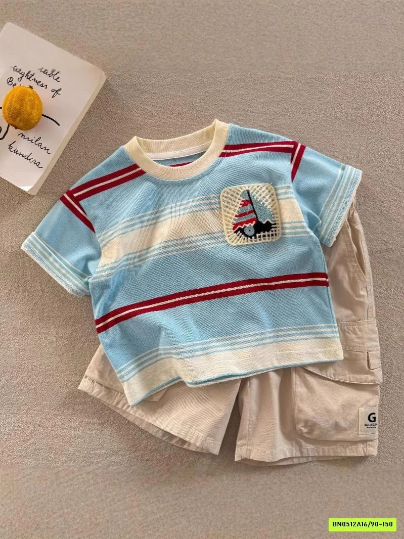 ÁO THUN KẺ XANH THÊU THUYỀN