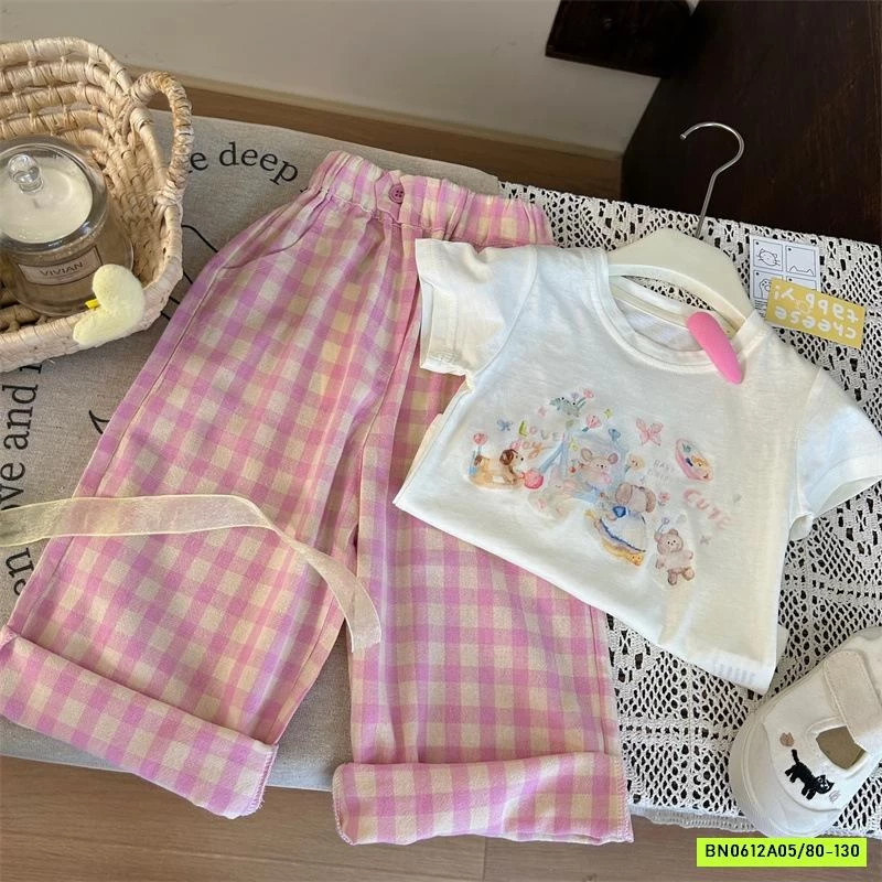 ÁO IN HÌNH MIX QUẦN CARO HỒNG