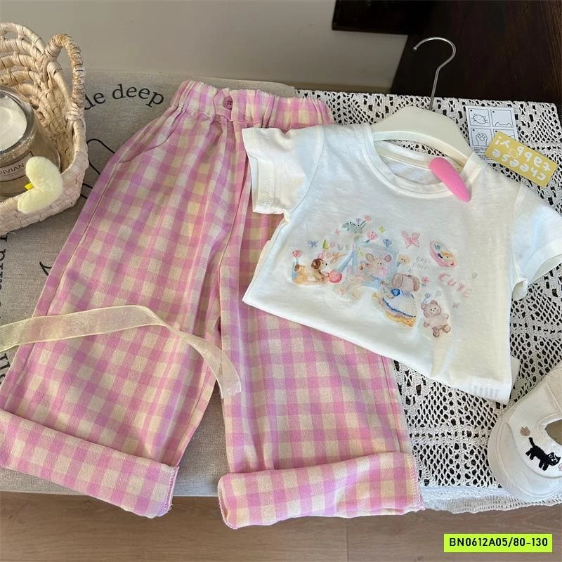 ÁO IN HÌNH MIX QUẦN CARO HỒNG