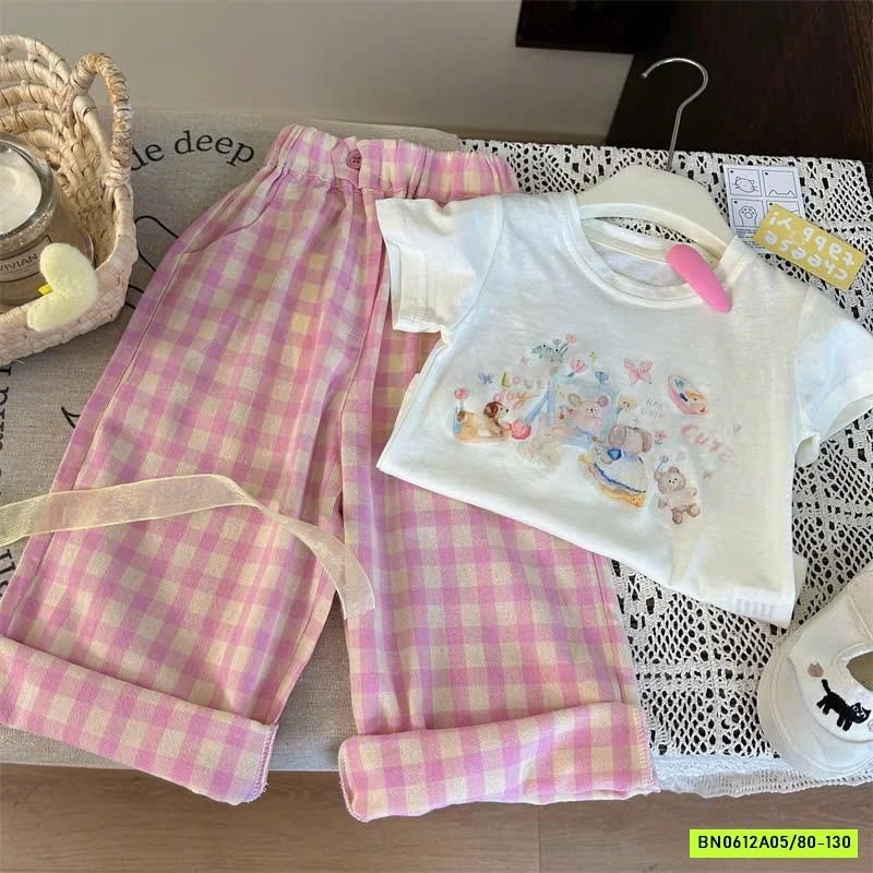 ÁO IN HÌNH MIX QUẦN CARO HỒNG