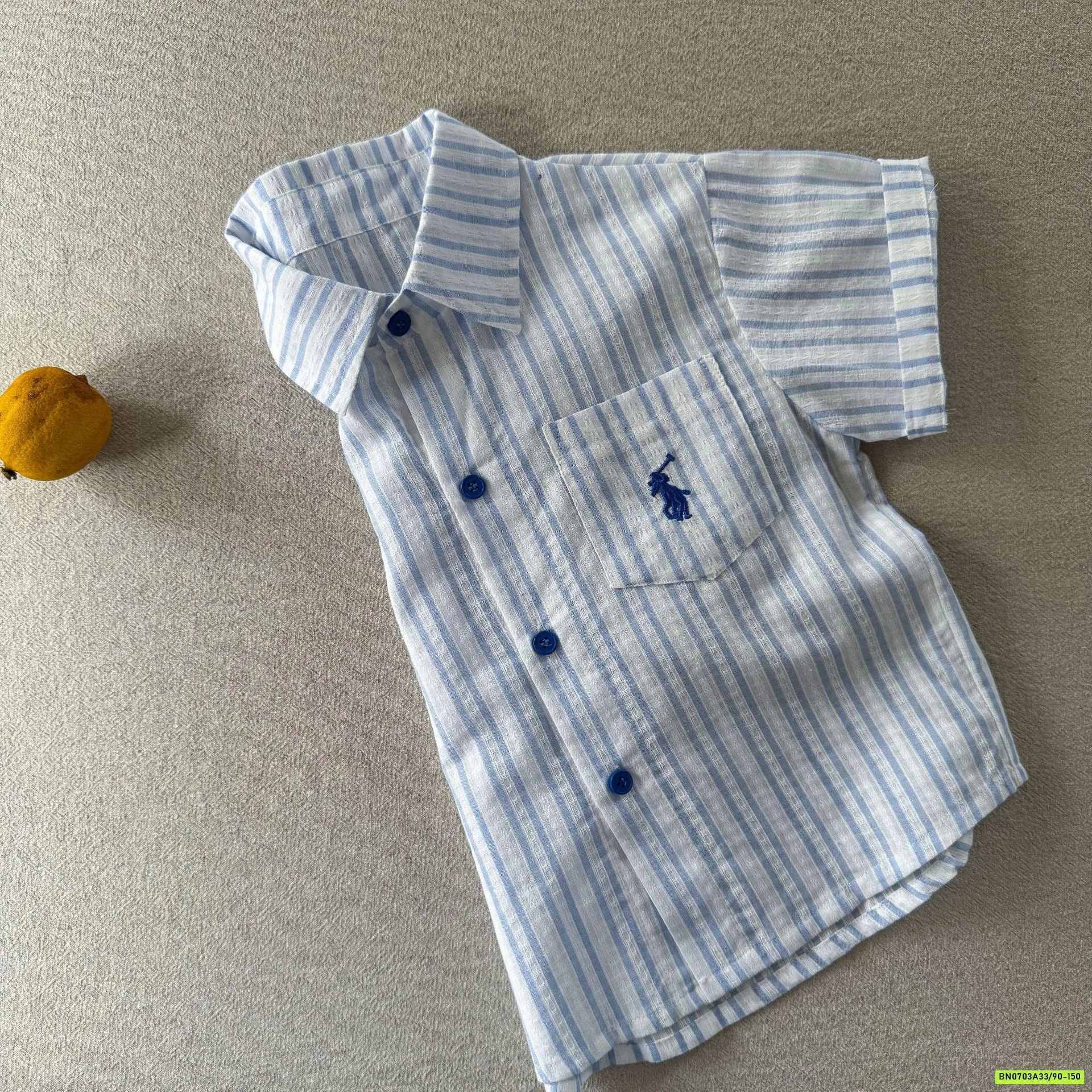 SƠ MI NGẮN TAY SỌC XANH THÊU NGỰA