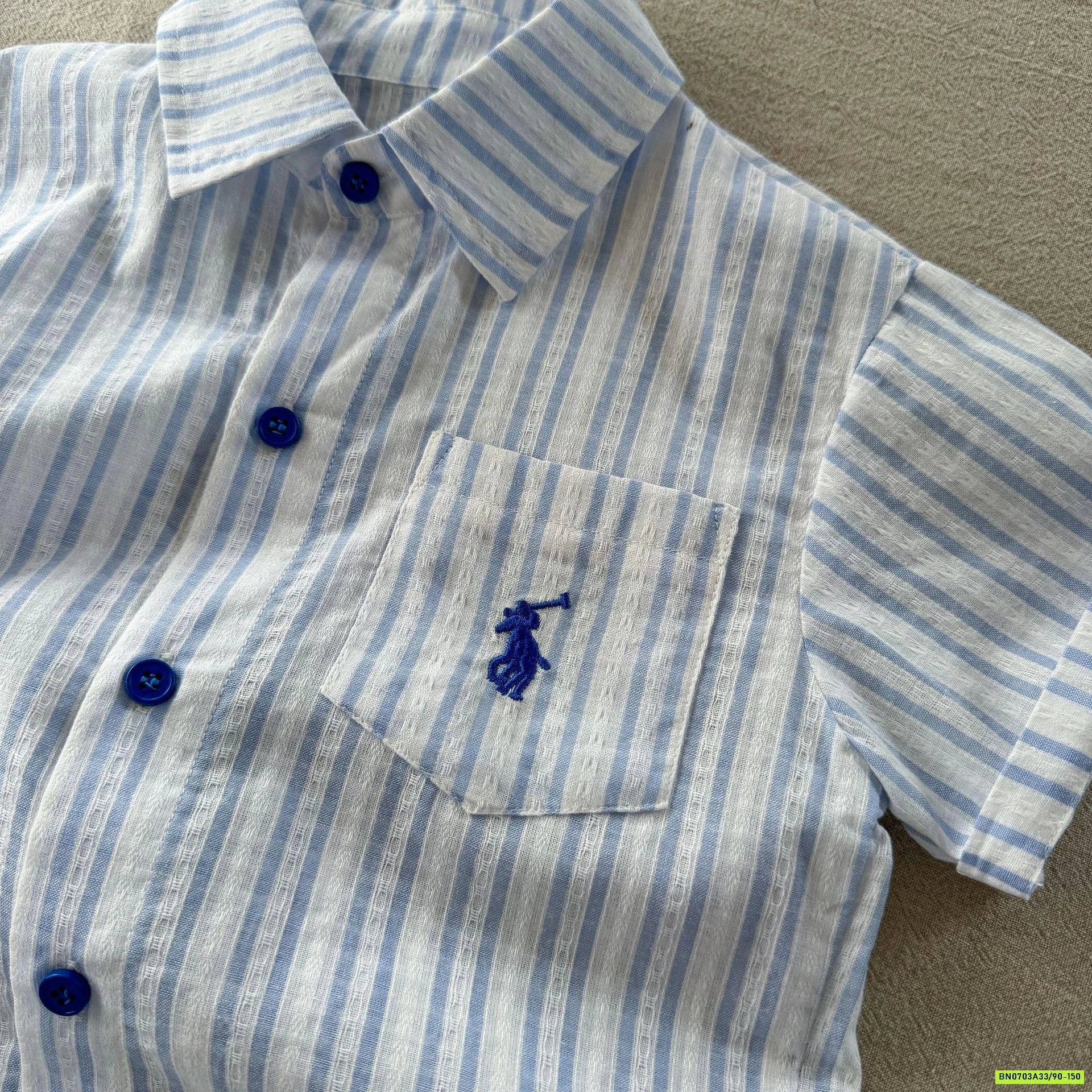 SƠ MI NGẮN TAY SỌC XANH THÊU NGỰA