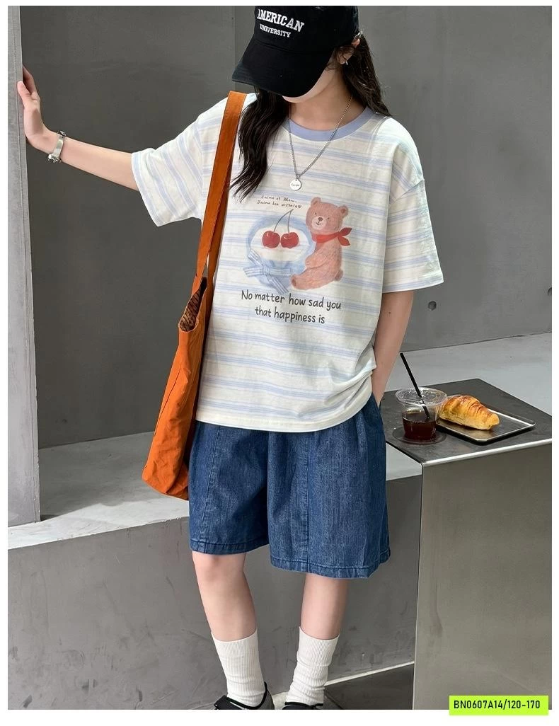 ÁO THUN GẤU KẺ MIX SHORT DENIM
