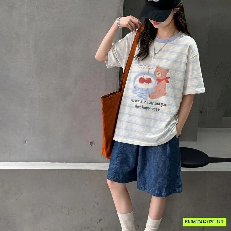 ÁO THUN GẤU KẺ MIX SHORT DENIM