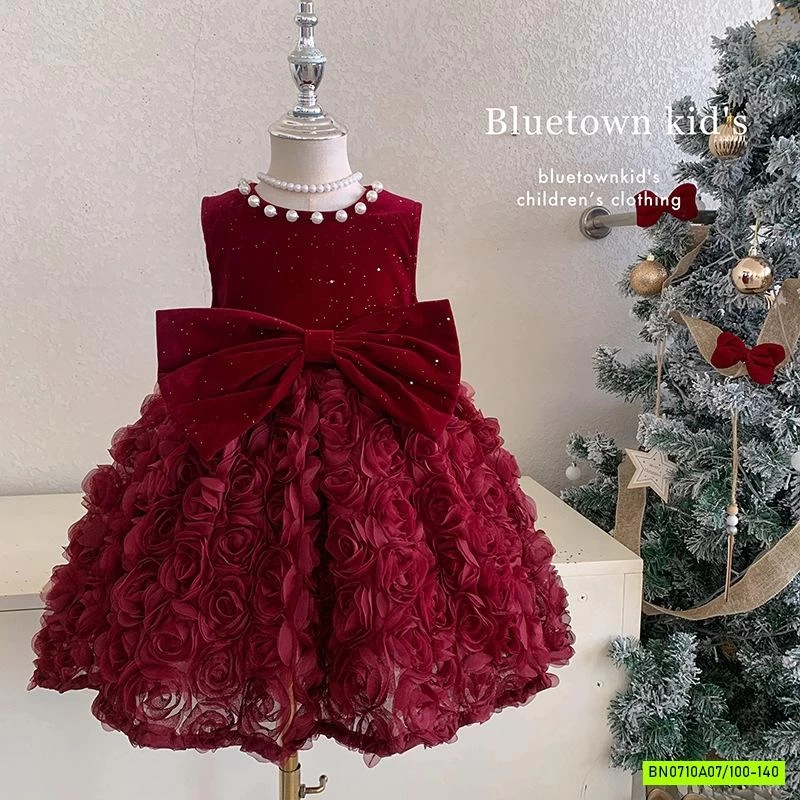 ĐẦM NHUNG ĐỎ HOA HỒNG 3D