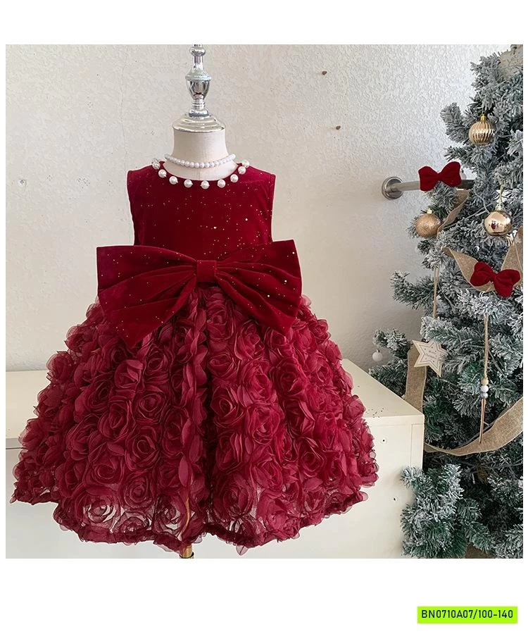 ĐẦM NHUNG ĐỎ HOA HỒNG 3D