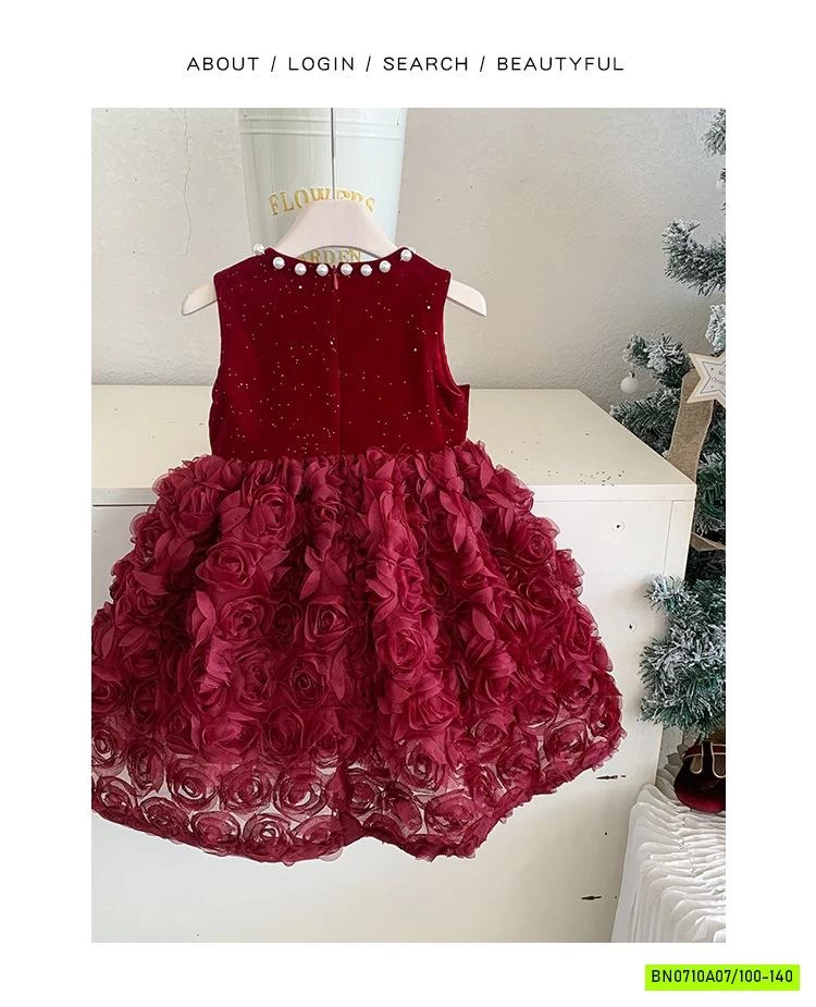 ĐẦM NHUNG ĐỎ HOA HỒNG 3D