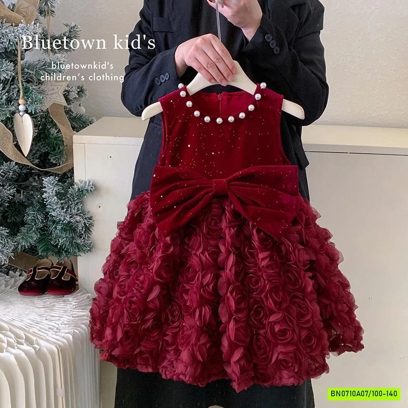 ĐẦM NHUNG ĐỎ HOA HỒNG 3D