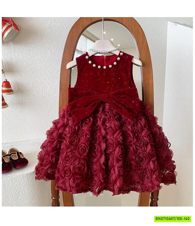 ĐẦM NHUNG ĐỎ HOA HỒNG 3D