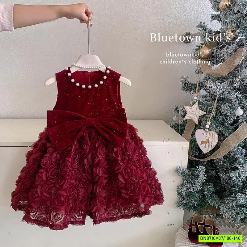 ĐẦM NHUNG ĐỎ HOA HỒNG 3D