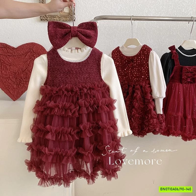 SÉT ĐẦM VOAN ĐỎ KÈM NƠ