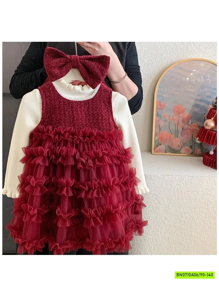 SÉT ĐẦM VOAN ĐỎ KÈM NƠ