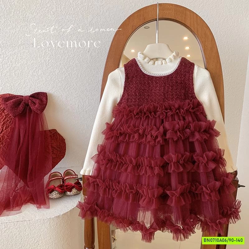 SÉT ĐẦM VOAN ĐỎ KÈM NƠ