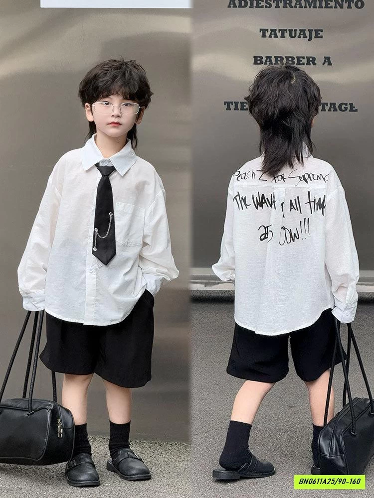 SƠ MI ĐŨI DÀI TAY KÈM CÀ VẠT + SHORT ĐEN