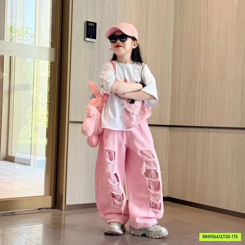 ÁO MÈO HỒNG MIX JEANS SUÔNG RÁCH