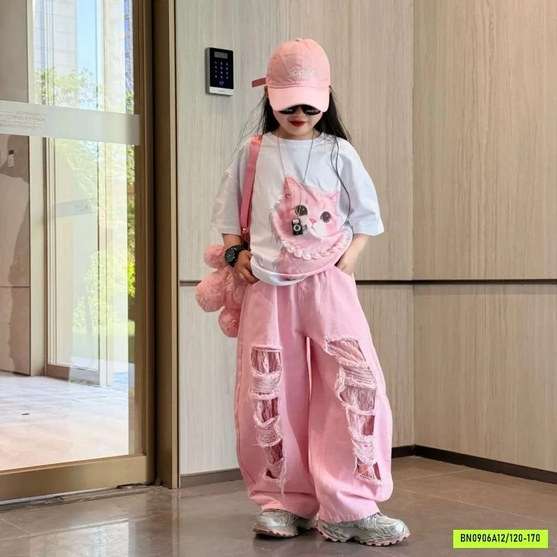 ÁO MÈO HỒNG MIX JEANS SUÔNG RÁCH