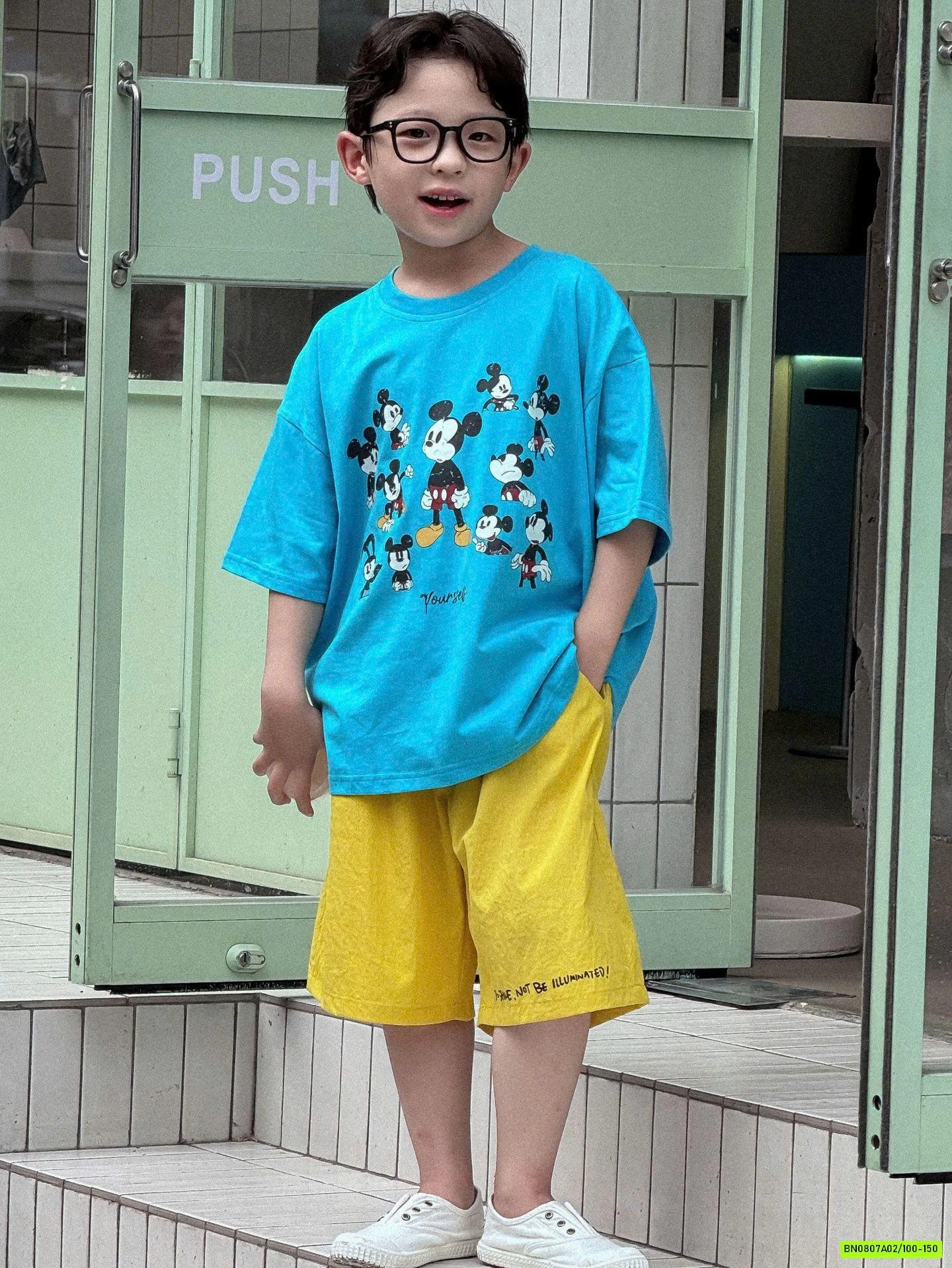 ÁO THUN MICKEY XANH MIX SHORT VÀNG