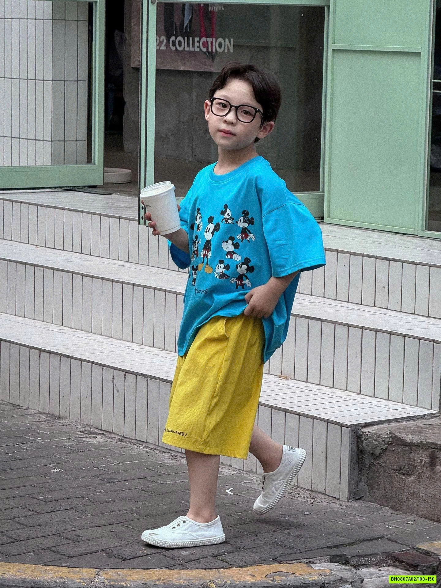 ÁO THUN MICKEY XANH MIX SHORT VÀNG