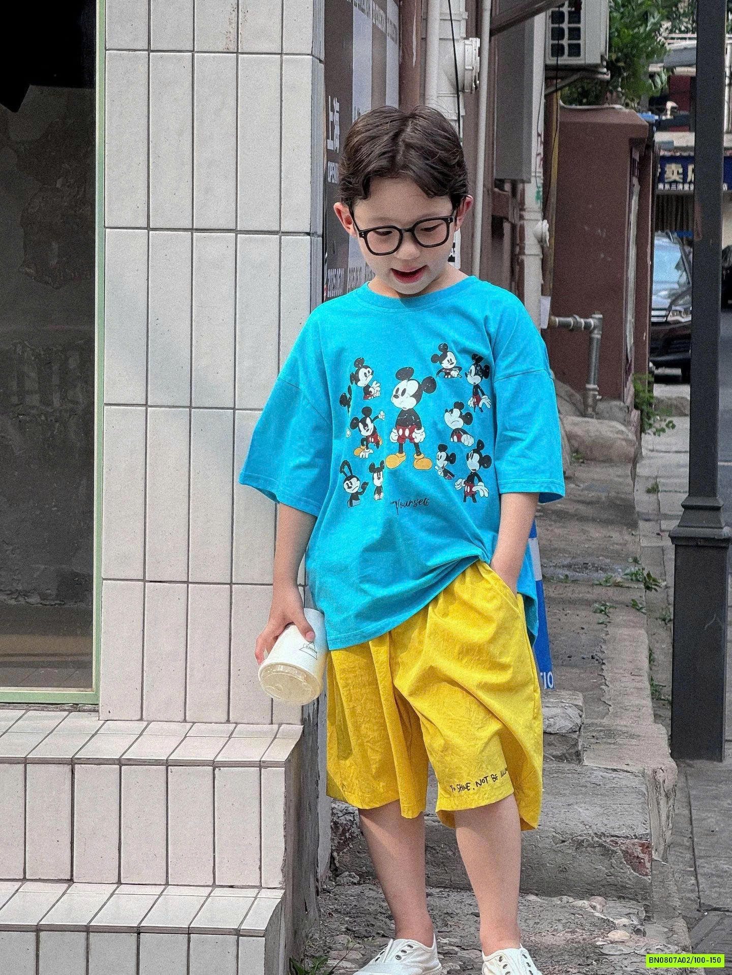 ÁO THUN MICKEY XANH MIX SHORT VÀNG