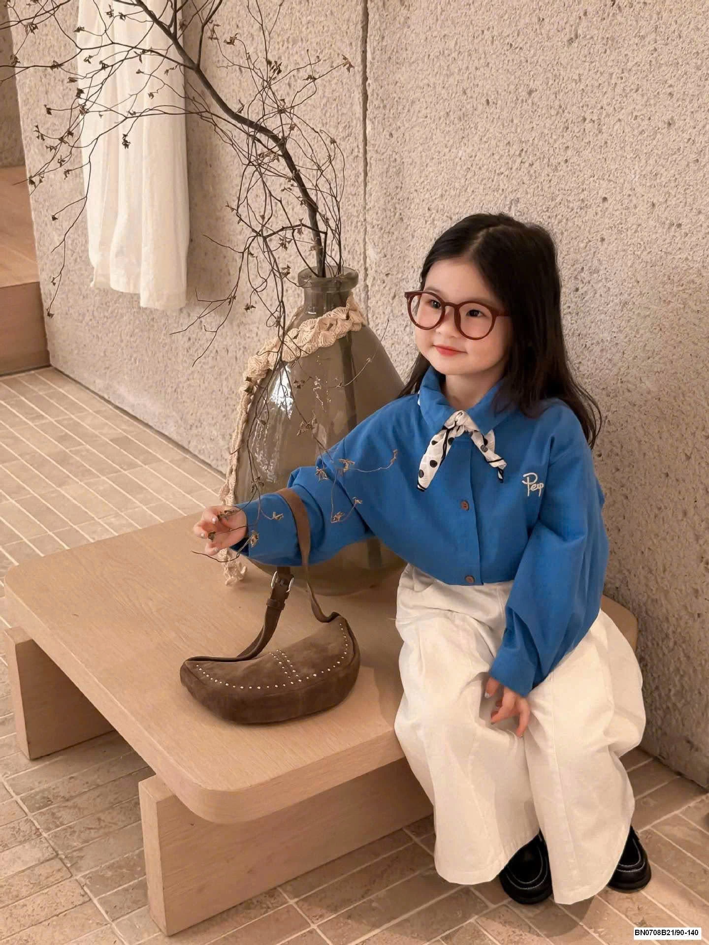 ÁO SƠ MI XANH + QUẦN SUÔNG TRẮNG CHO BÉ