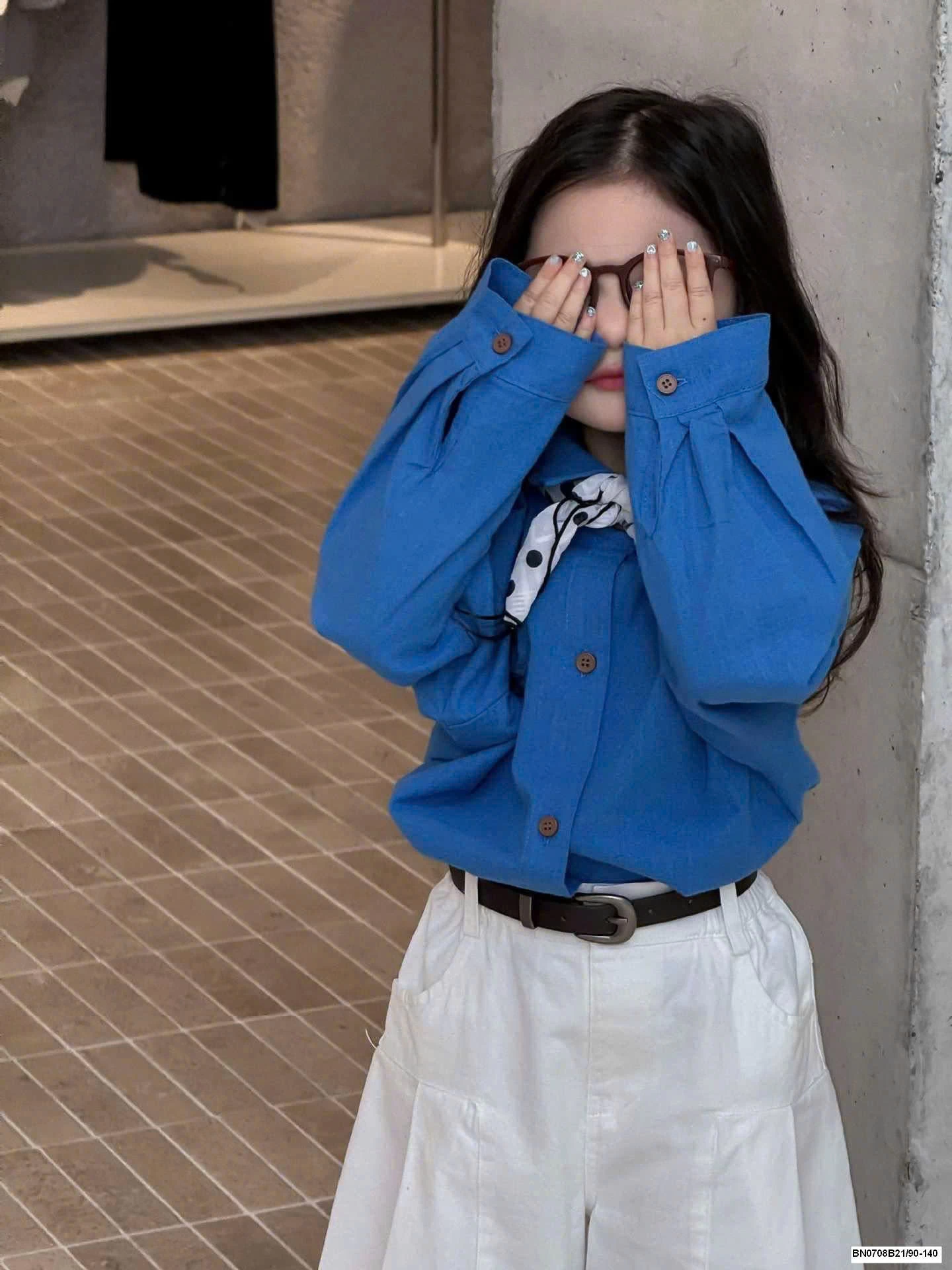 ÁO SƠ MI XANH + QUẦN SUÔNG TRẮNG CHO BÉ