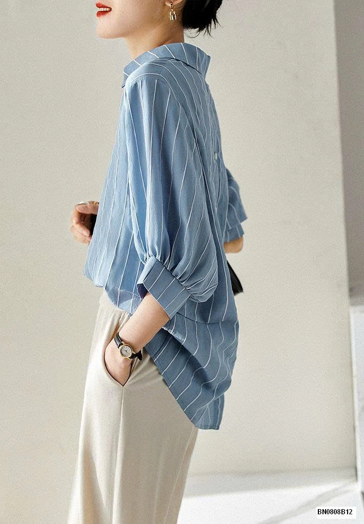 ÁO SƠ MI KẺ TAY BỒNG CHO NỮ