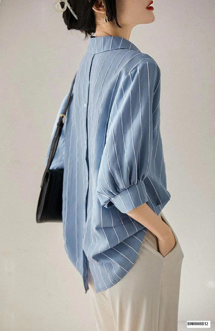 ÁO SƠ MI KẺ TAY BỒNG CHO NỮ