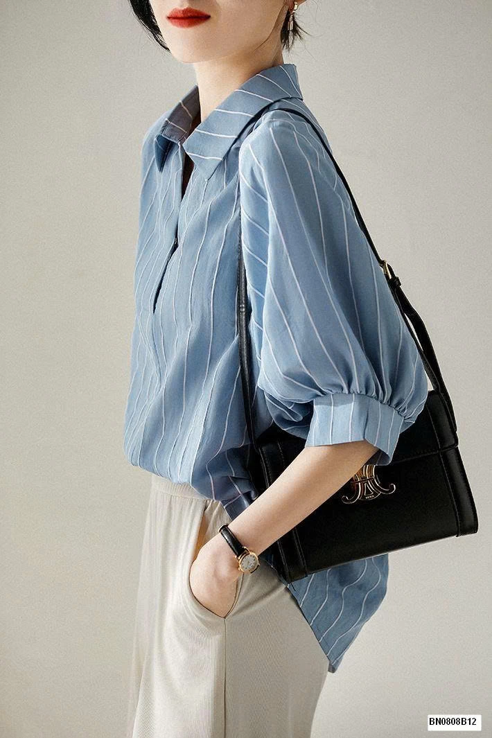 ÁO SƠ MI KẺ TAY BỒNG CHO NỮ