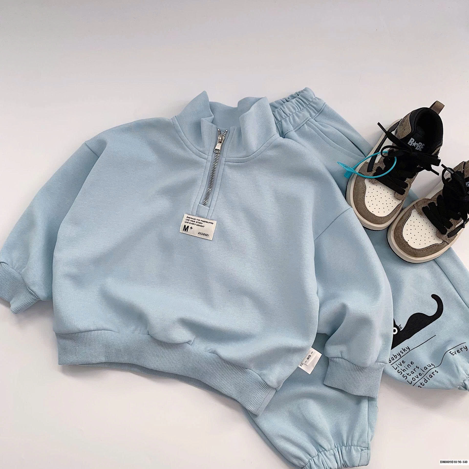 BỘ NỈ CỔ ĐỨNG HỌA TIẾT MÈO ĐEN BT MAIBAO