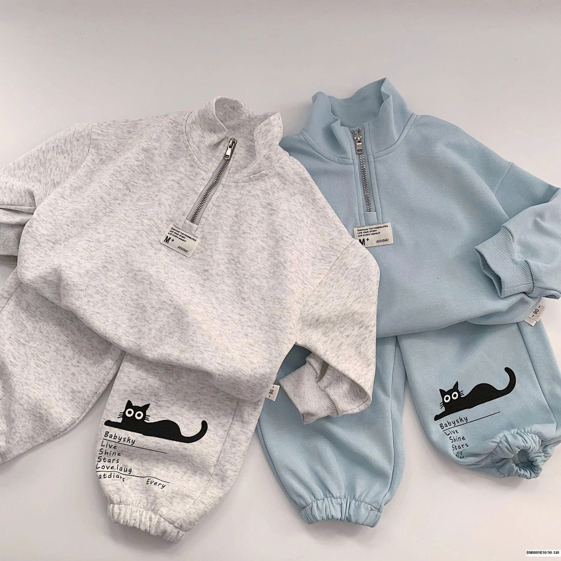 BỘ NỈ CỔ ĐỨNG HỌA TIẾT MÈO ĐEN BT MAIBAO