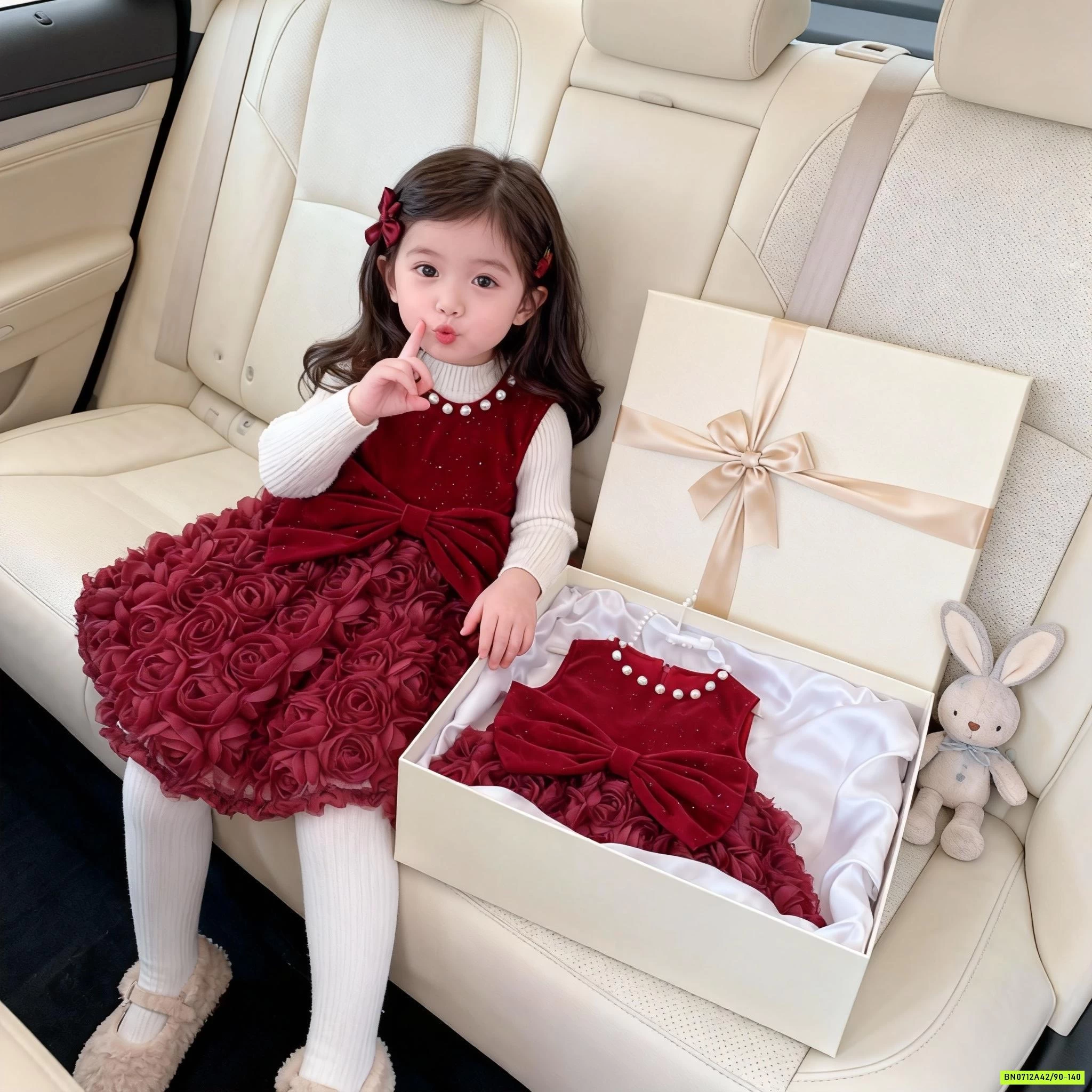 ĐẦM ĐỎ HOA HỒNG 3D CỔ GẮN NGỌC