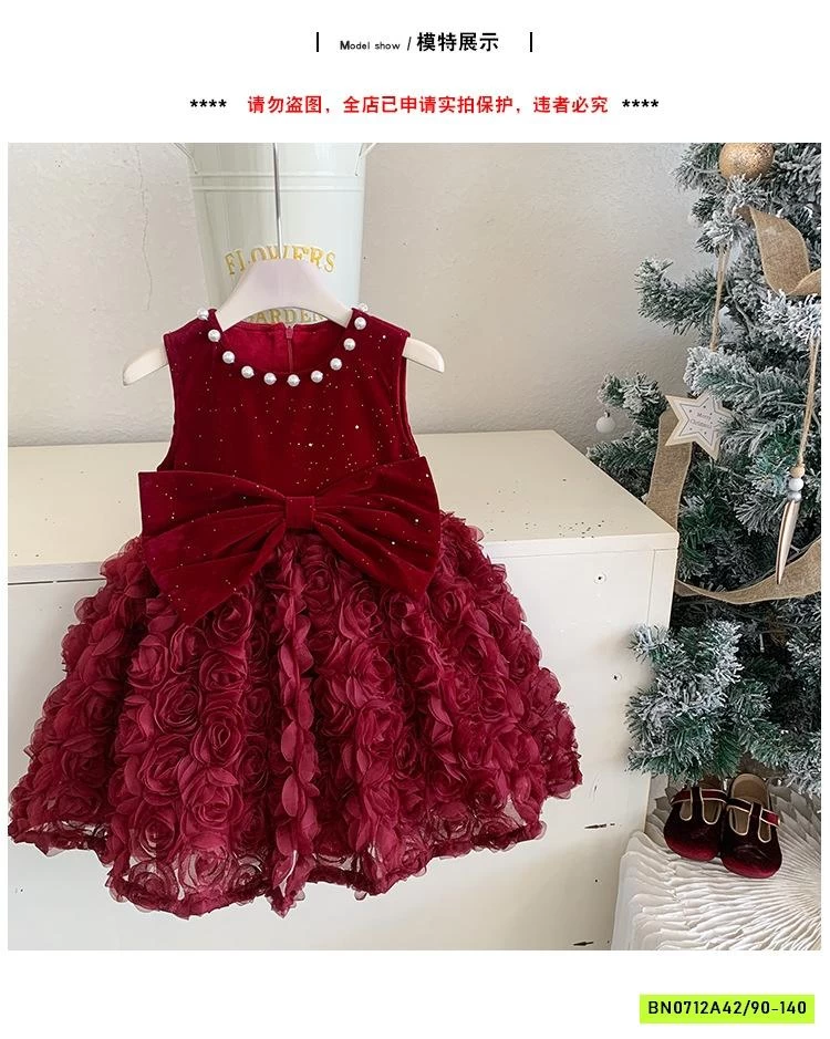 ĐẦM ĐỎ HOA HỒNG 3D CỔ GẮN NGỌC