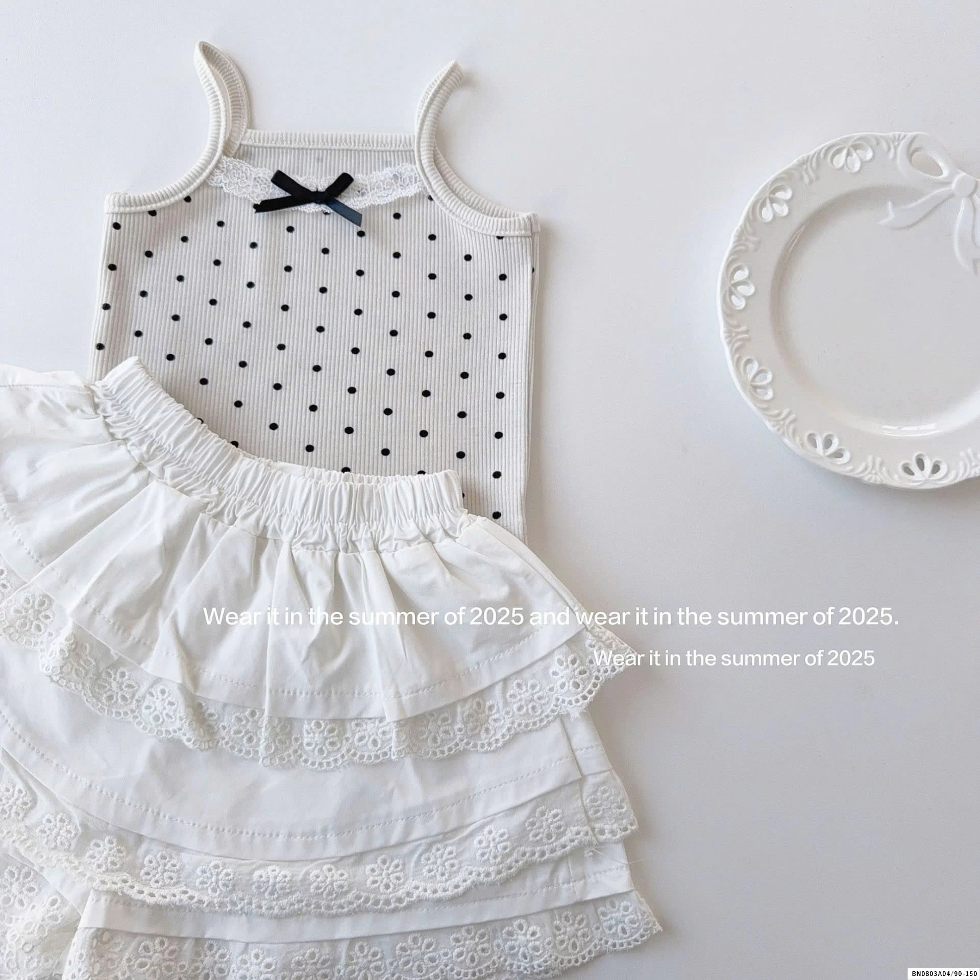 ÁO 2 DÂY CHẤM BI MIX CV TRẮNG T&QKIDS