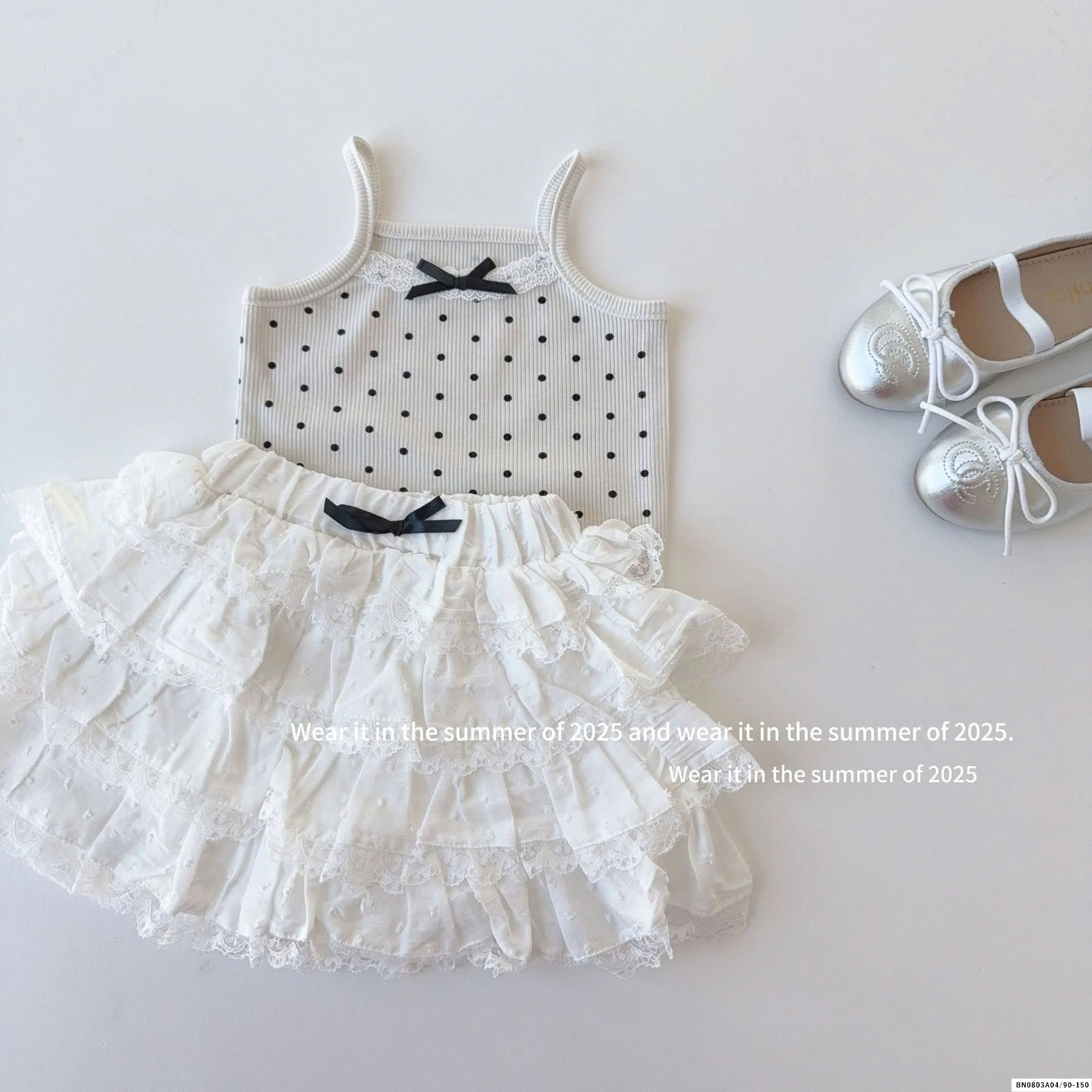 ÁO 2 DÂY CHẤM BI MIX CV TRẮNG T&QKIDS