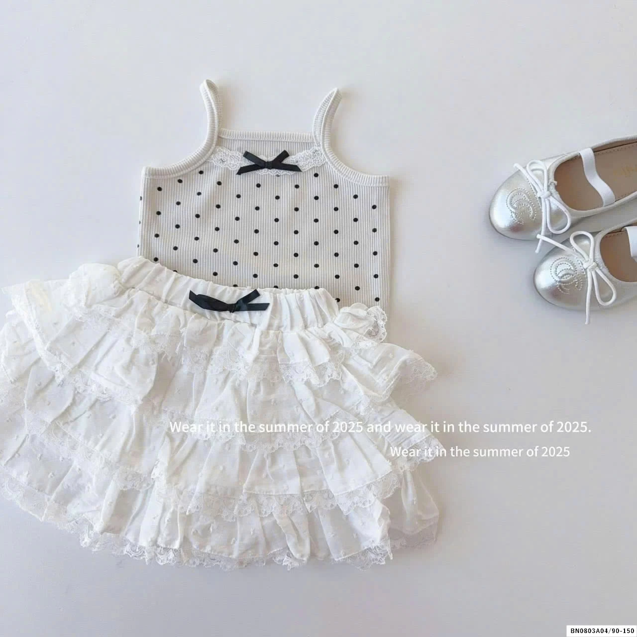 ÁO 2 DÂY CHẤM BI MIX CV TRẮNG T&QKIDS